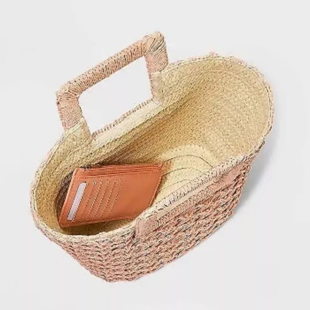 A New Day Paper Straw Handheld Small Tote Handbag Pink/Natural - Picture 2 of 8